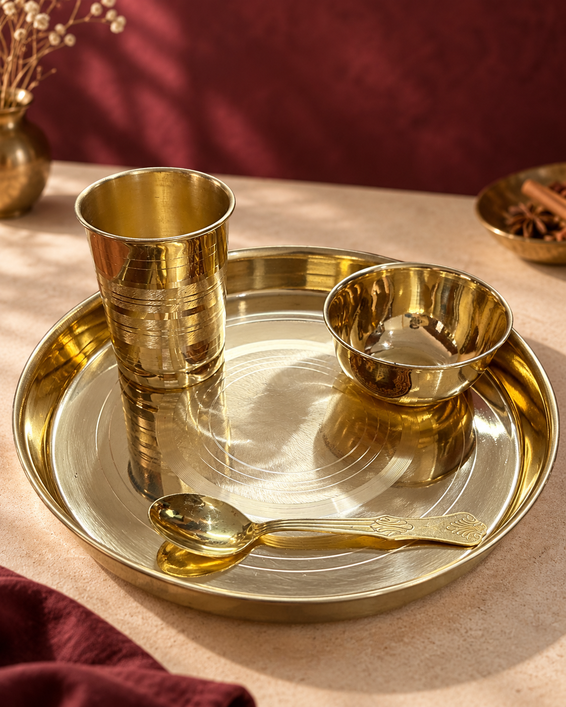 Pure Brass Thali Set – Handcrafted Traditional Dinner Plate & Katoris