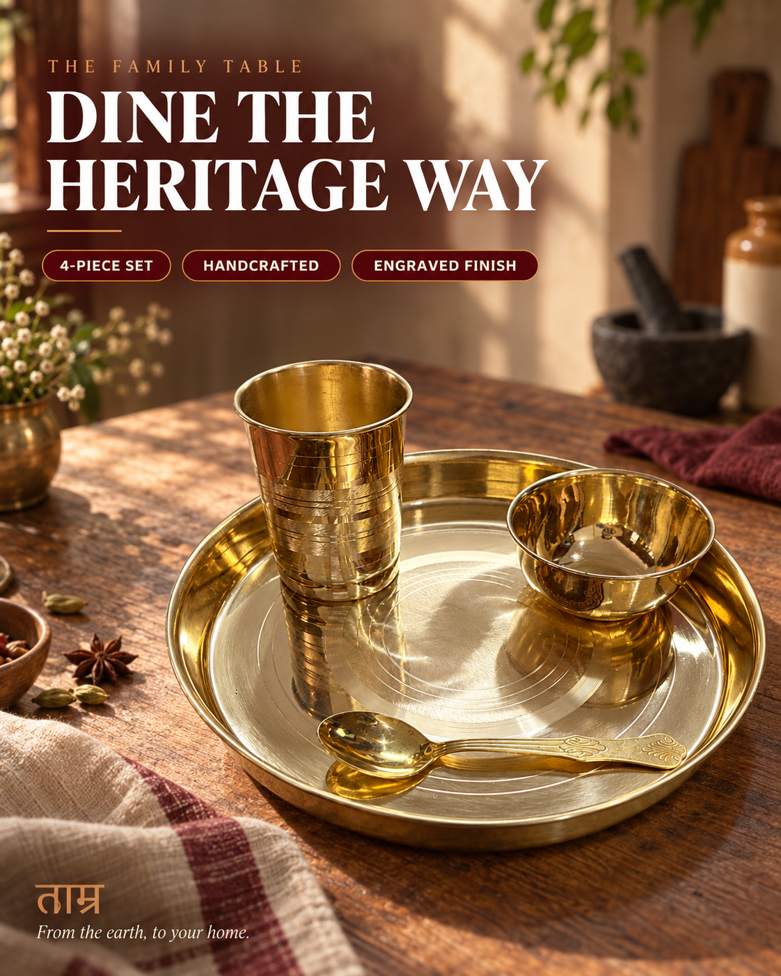 Pure Brass Thali Set – Handcrafted Traditional Dinner Plate & Katoris