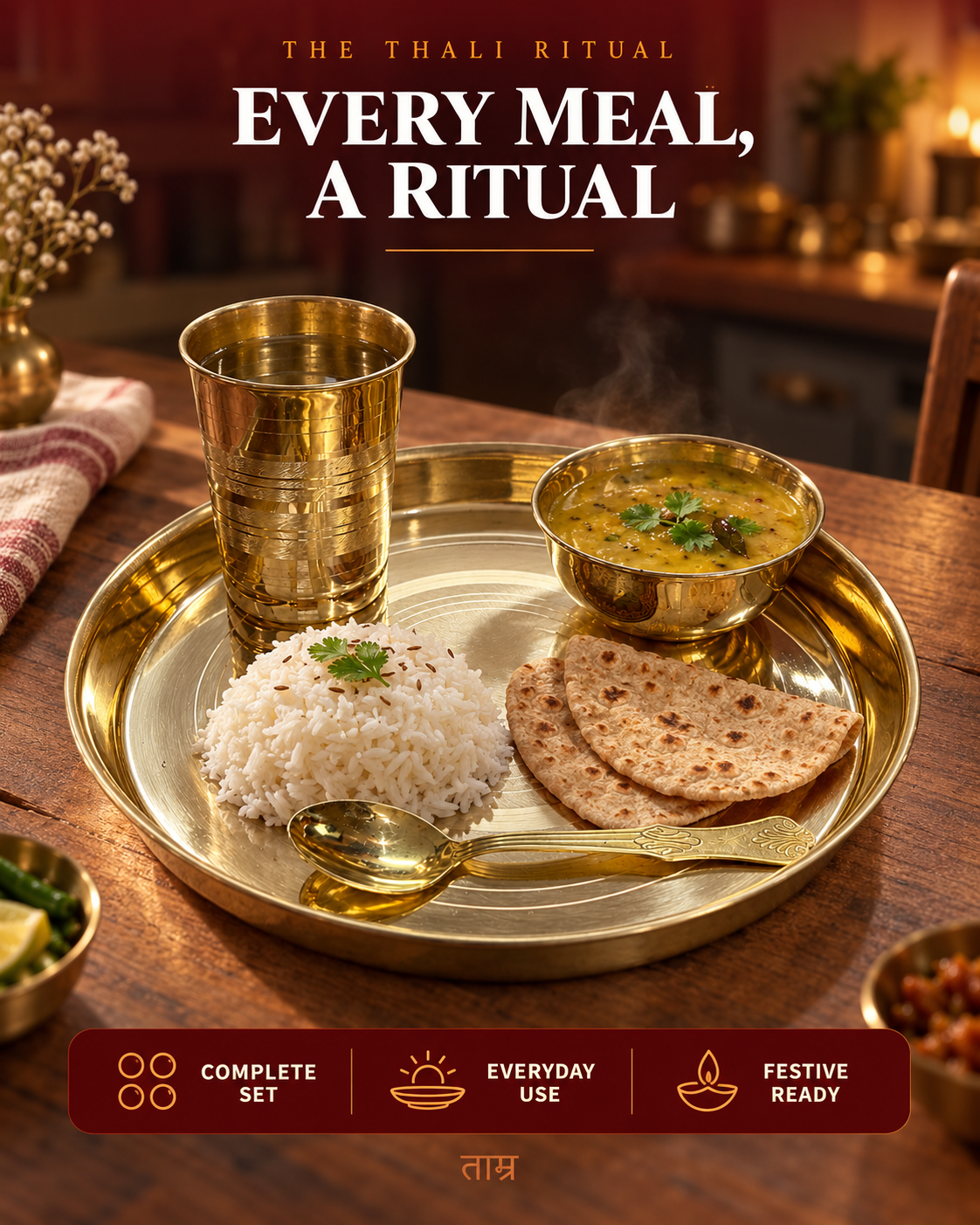 Pure Brass Thali Set – Handcrafted Traditional Dinner Plate & Katoris