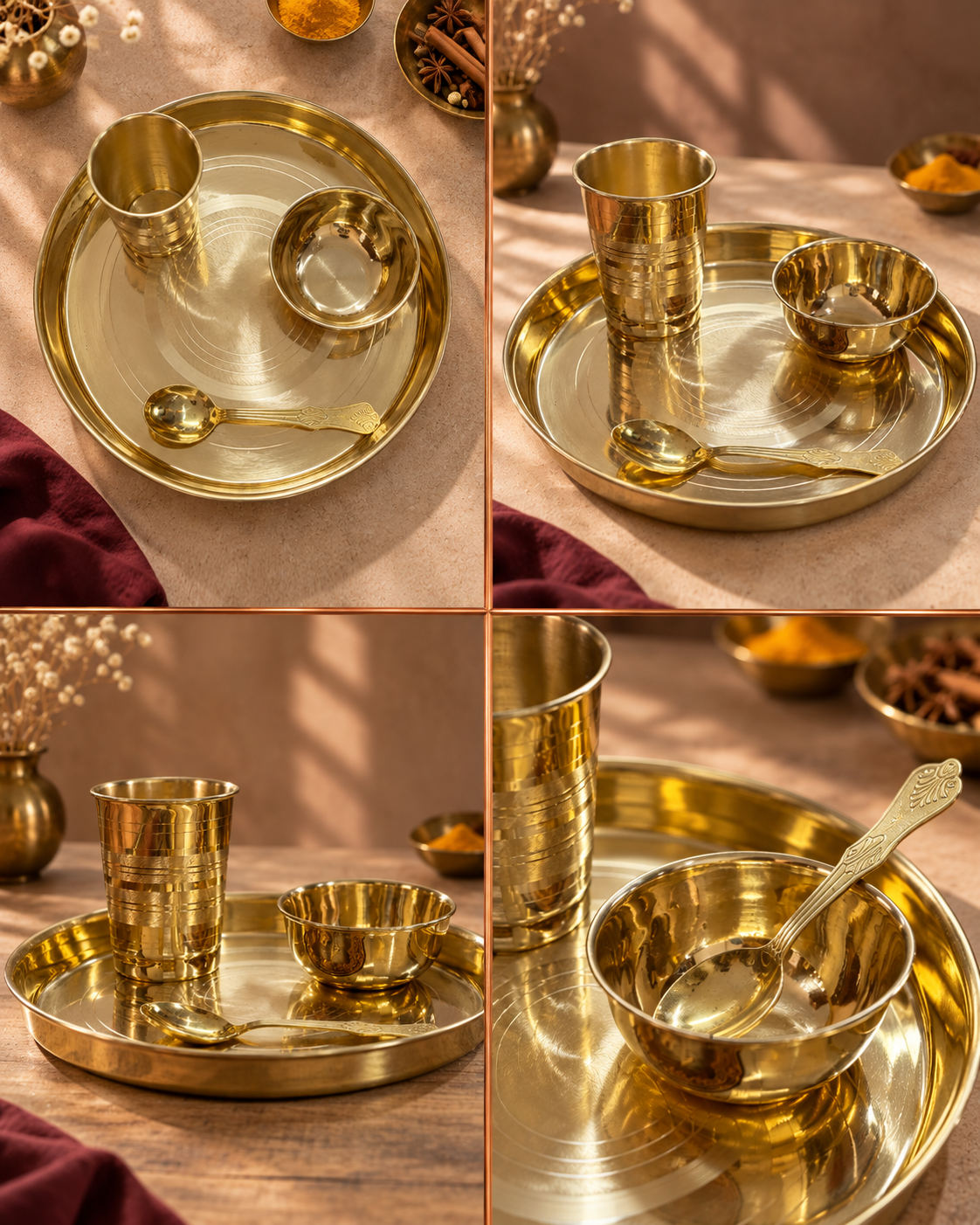 Pure Brass Thali Set – Handcrafted Traditional Dinner Plate & Katoris