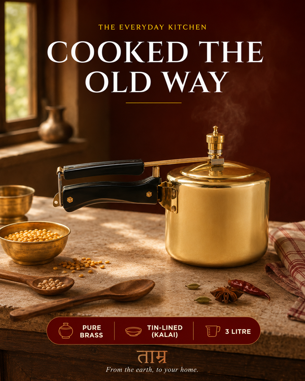 Brass Pressure Cooker 3L – Handcrafted Tin-Lined Cooker