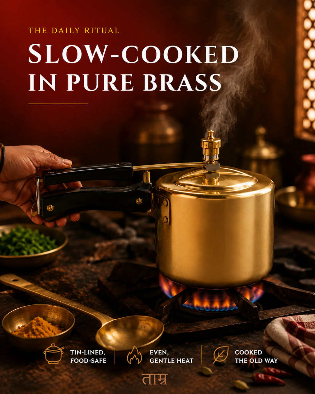 Brass Pressure Cooker 3L – Handcrafted Tin-Lined Cooker