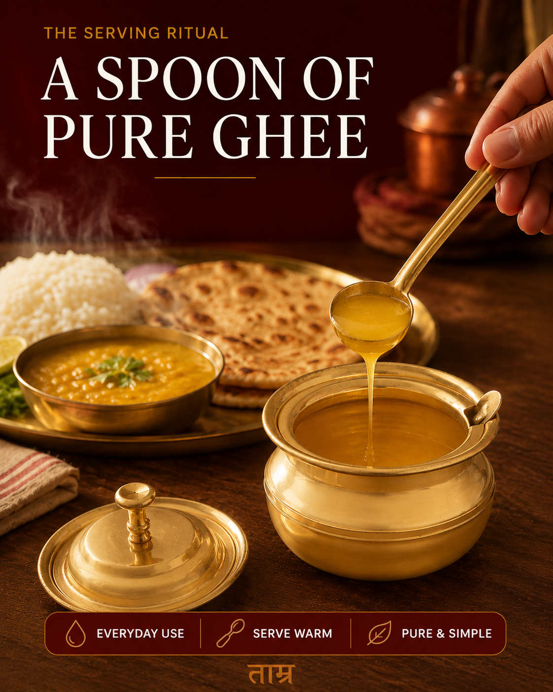 Pure Brass Ghee Pot with Lid and Spoon