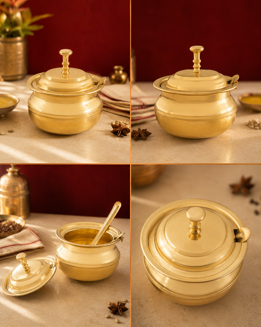 Pure Brass Ghee Pot with Lid and Spoon