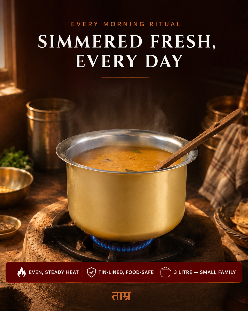 Brass Patila 3L – Handcrafted Cooking Pot