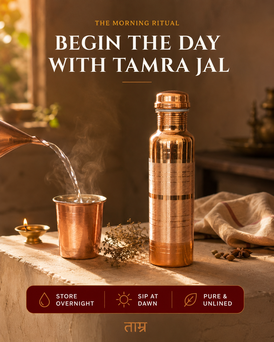 Pure Copper Water Bottle – Hand-Hammered for Tamra Jal
