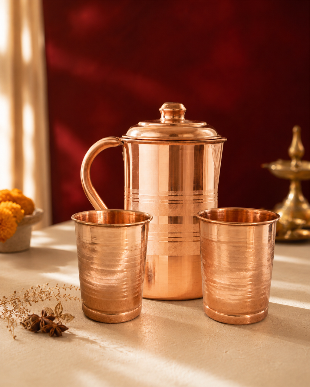 Hand-Hammered Copper Jug with 4 Glasses — Traditional Tamba Water Set
