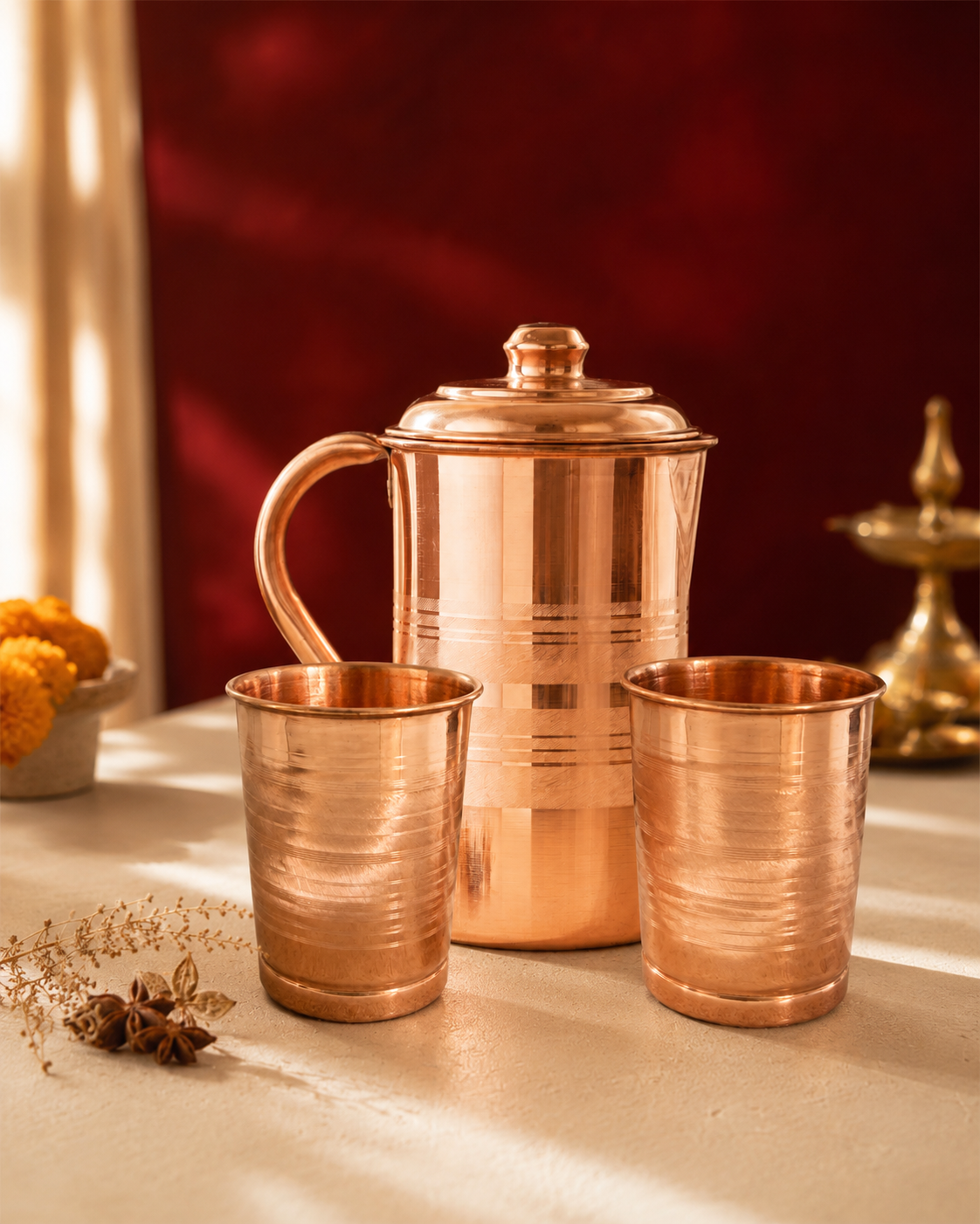 Hand-Hammered Copper Jug with 4 Glasses — Traditional Tamba Water Set