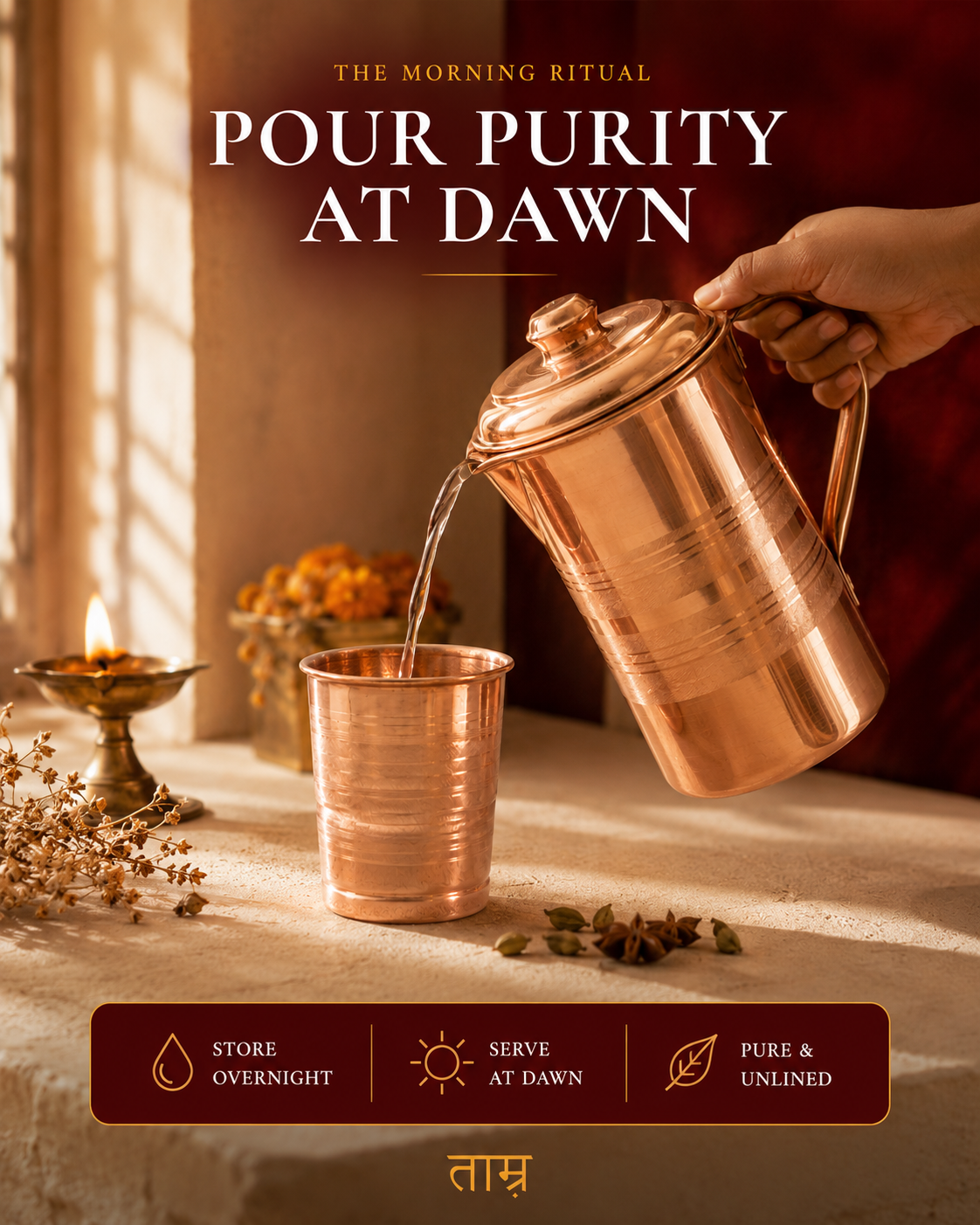 Hand-Hammered Copper Jug with 4 Glasses — Traditional Tamba Water Set