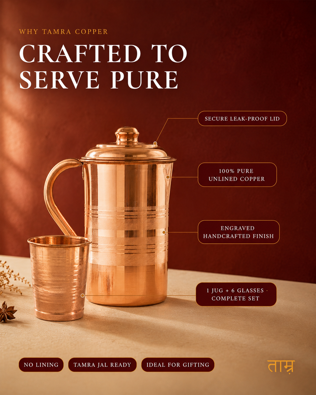 Hand-Hammered Copper Jug with 4 Glasses — Traditional Tamba Water Set