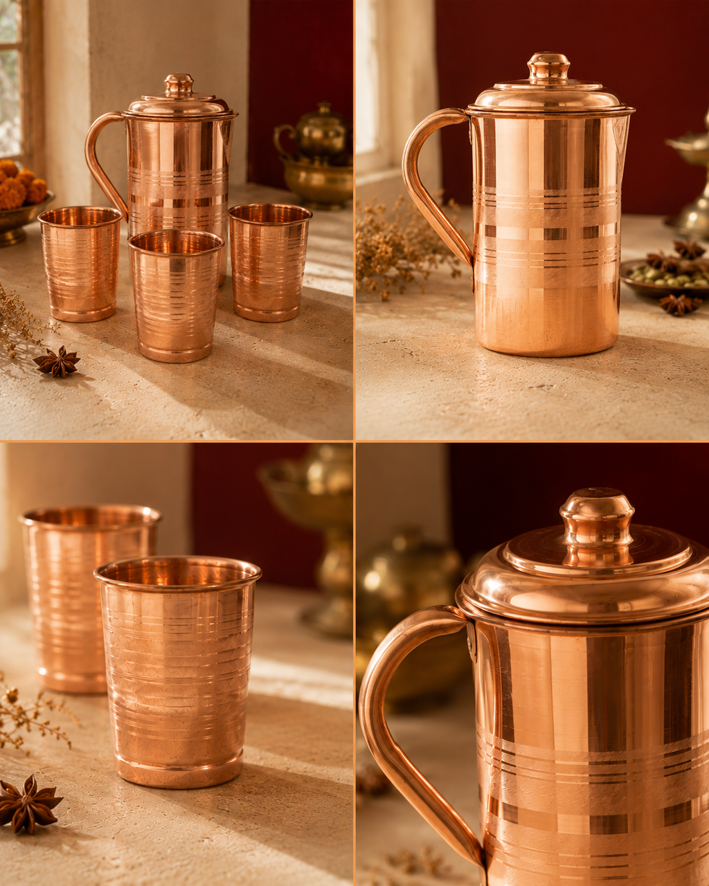 Hand-Hammered Copper Jug with 4 Glasses — Traditional Tamba Water Set