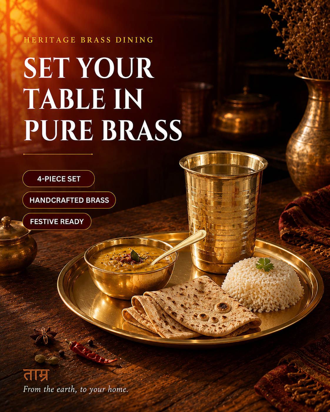 Brass Thali Set – Thali, Katori, Glass & Spoon Dinner Set | TAMRA