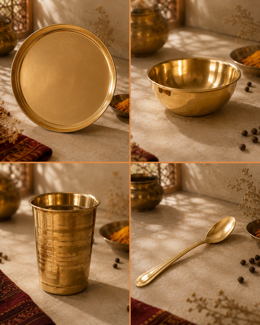 Brass Thali Set – Thali, Katori, Glass & Spoon Dinner Set | TAMRA
